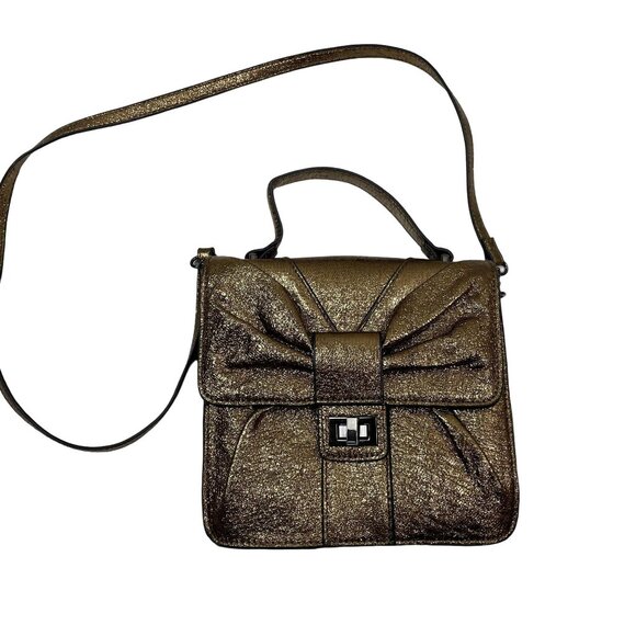 Betsey Johnson Gold Purse Metallic Gold Crossbody Bag With Bow Accent Square Sha - Picture 2 of 11